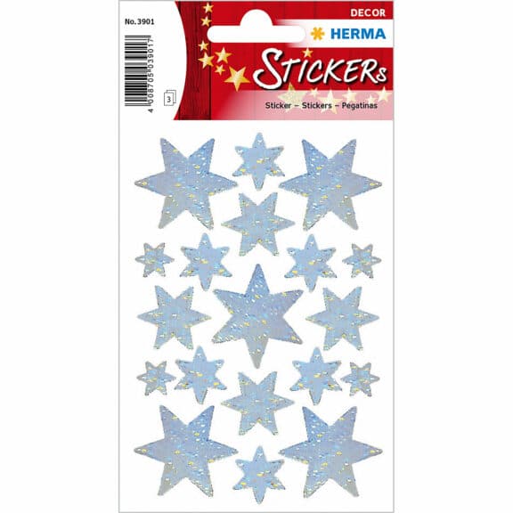 Herma Weihnachts-Sticker DECOR "Sterne" silber Holographie 1 Blatt à 19 Etikettten