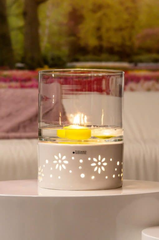 Tiziano Windlicht Tadino LED breit weiß-creme mit Klarglas