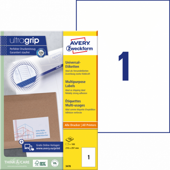 Zweckform Universal-Etiketten A4 mit Ultragrip, 210x297 mm 100 Bogen/100 Etiketten weiss