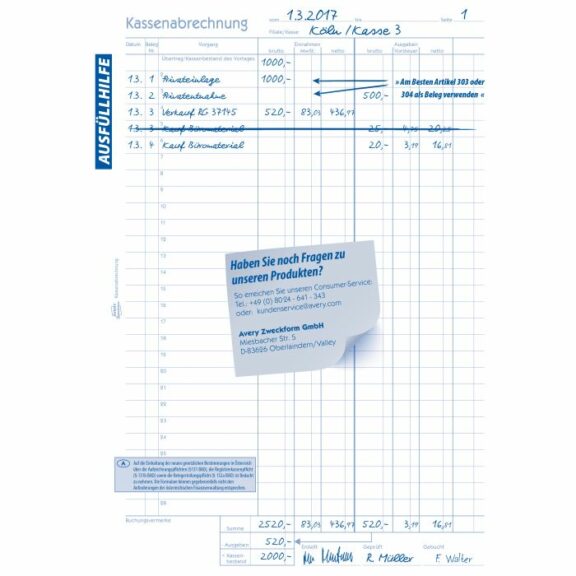 Zweckform Kassenabrechnung, 427 MwSt.-Spalte für Einnahmen und Ausgaben mit Blaupapier 2X50 Blatt