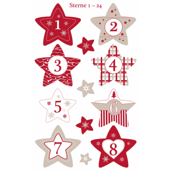 Design Weihnachtssticker, Papier, Sternzahlen 1-24, rot, grau, weiß, 24 Aufkleber