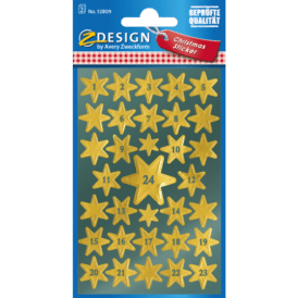 Design Weihnachtssticker, Glanzpapier, Sterne mit Zahlen (1-24), gold, 66 Aufkleber
