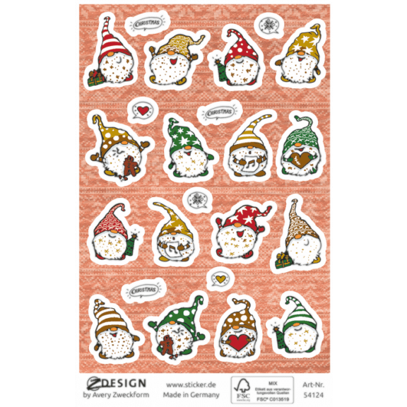 Design Weihnachtssticker, Papier, Wichtel, bunt, 23 Aufkleber