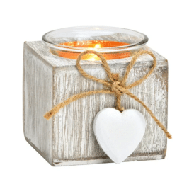 G.Wurm Teelichthalter mit Herz Anhänger aus Holz, Glas Weiß