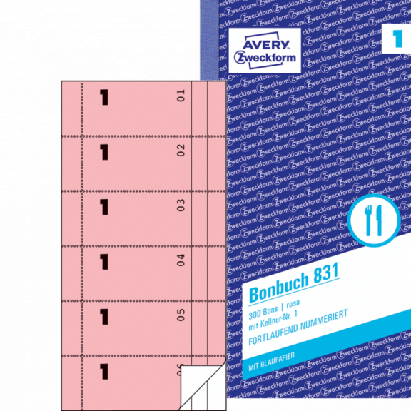 Zweckform, Bonbuch 831, rosa, mit Kellner-Nr.1 , 300 Bons
