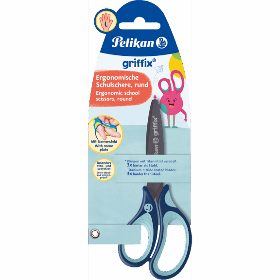 Pelikan Schulschere Griffix Schere rund, blau Linkshändermodell auf Blisterkarte