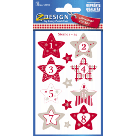 Design Weihnachtssticker, Papier, Sternzahlen 1-24, rot, grau, weiß, 24 Aufkleber